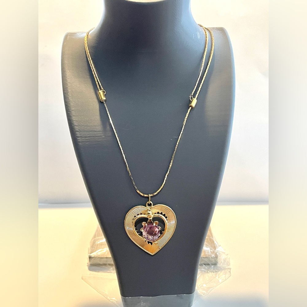 Vintage CORO Amethyst Open Heart Pendant Goldtone on adjustable slide chain